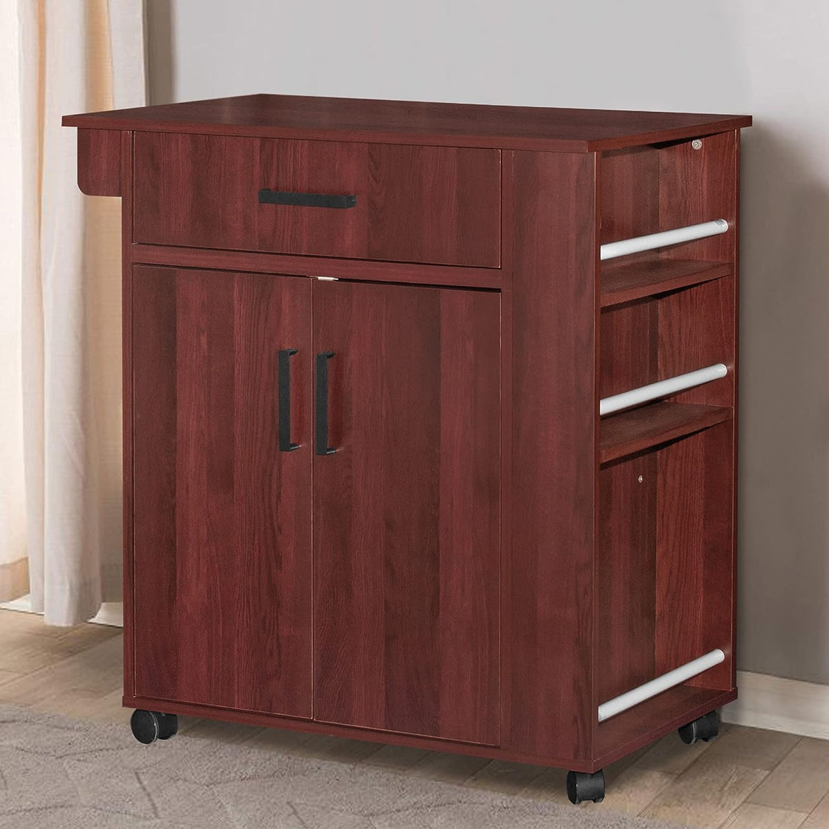 Woodpeckers Furniture And Mattress Shelby Rolling Kitchen Cart with Storage Cabinet Mahogany