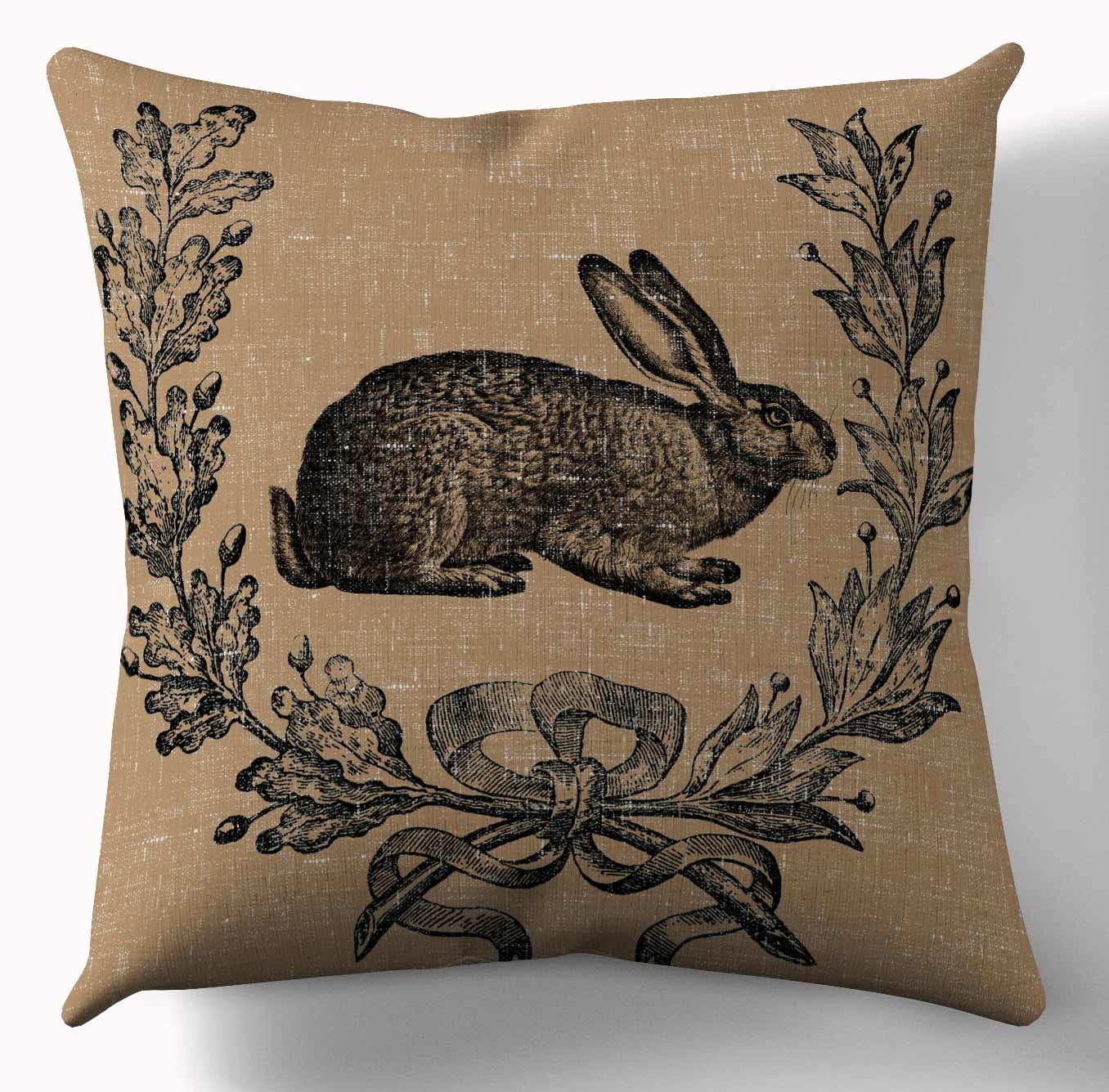 Favdec Decorative Farmhouse Pillow Cover 18 Inches X 18 Inches, Rustic Style Vintage Rabbit Throw Pillow Cover, Cover Only