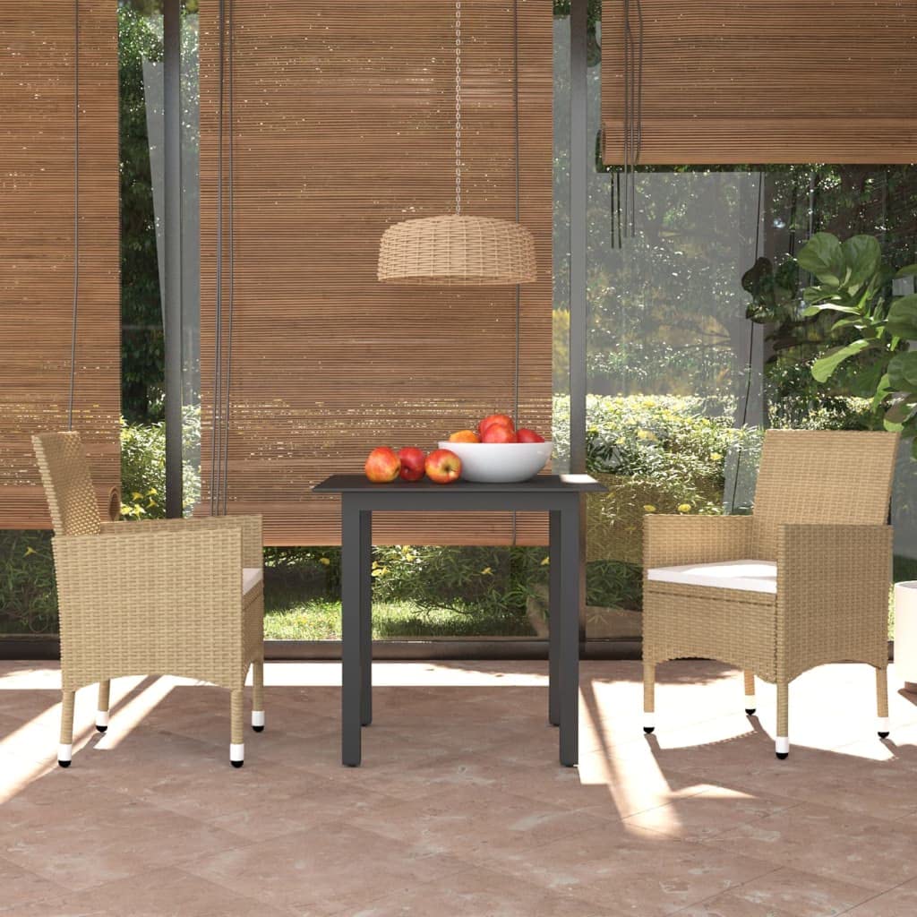 vidaXL Patio Dining Set 3 Piece with Cushions Poly Rattan Beige Garden Chair and Glass Table