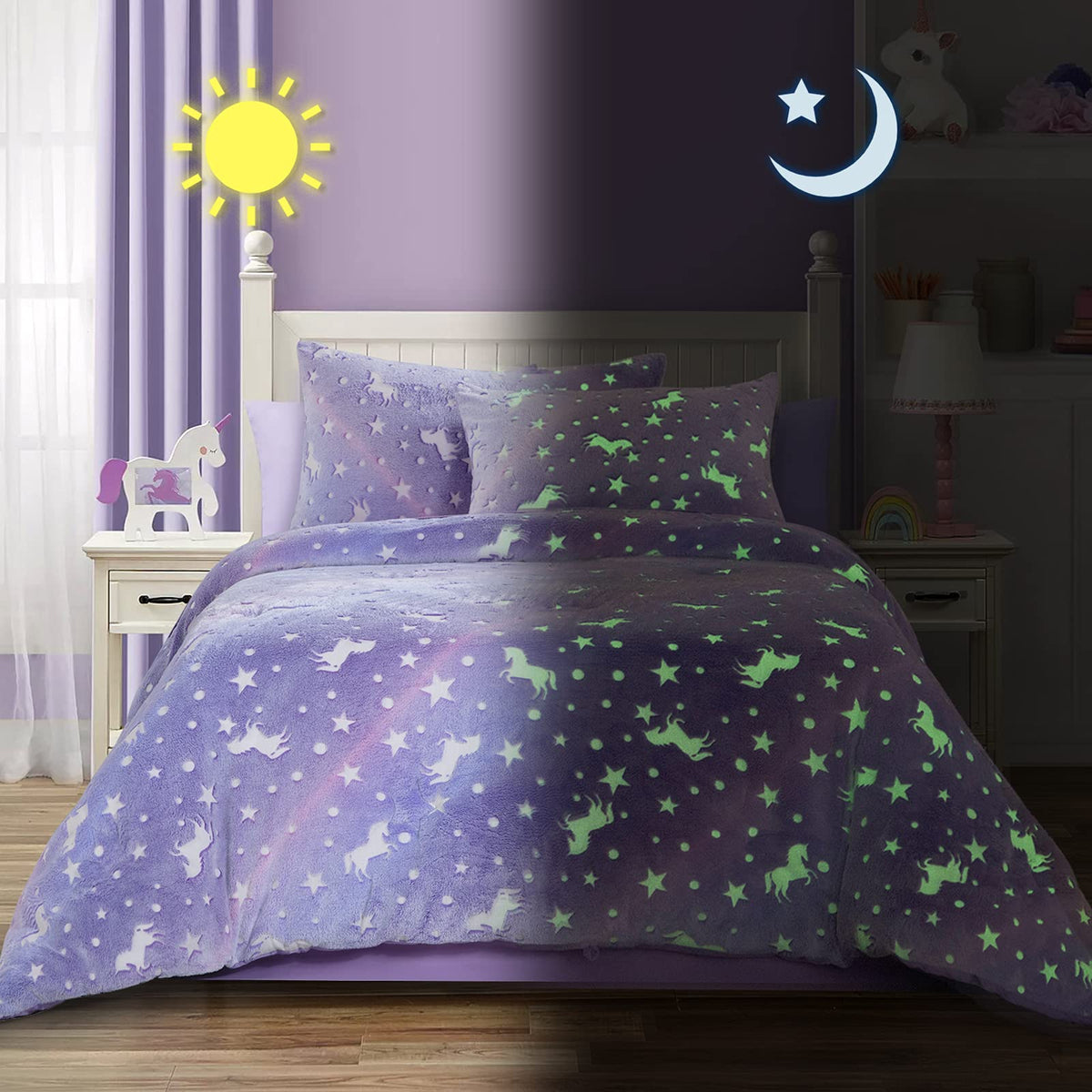 Hombys Glow In The Dark Comforter Set 5 Piece Twin/Twin Xl With Sheets, Purple Velvet Bedding Comforter Sets For Twin Bed, Ultra