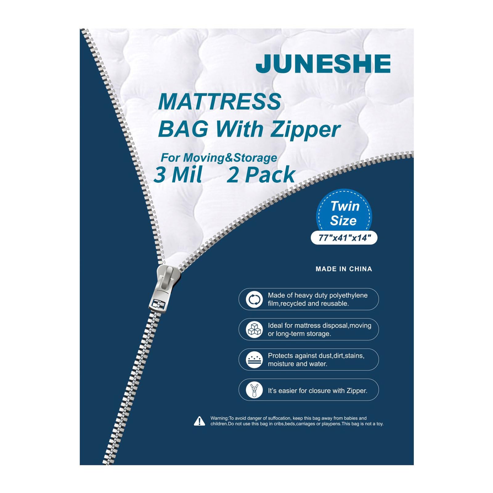 Juneshe 2 Twin Mattress Bags Cover For Moving And Storage-3 Mil Zipper Plastic Waterproof Wrap Protector Reusable Storage Bag