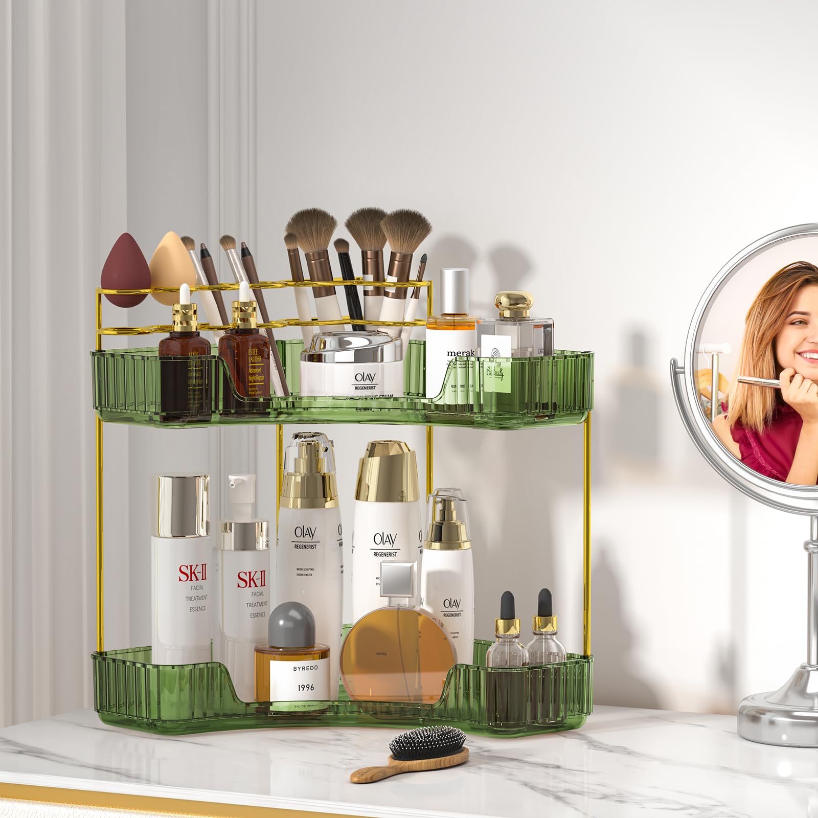 Sunzos Bathroom Counter Organizer, Corner Makeup Organizer With Makeup Brush Holder, Vanity Makeup Cosmetic Storage, Countertop