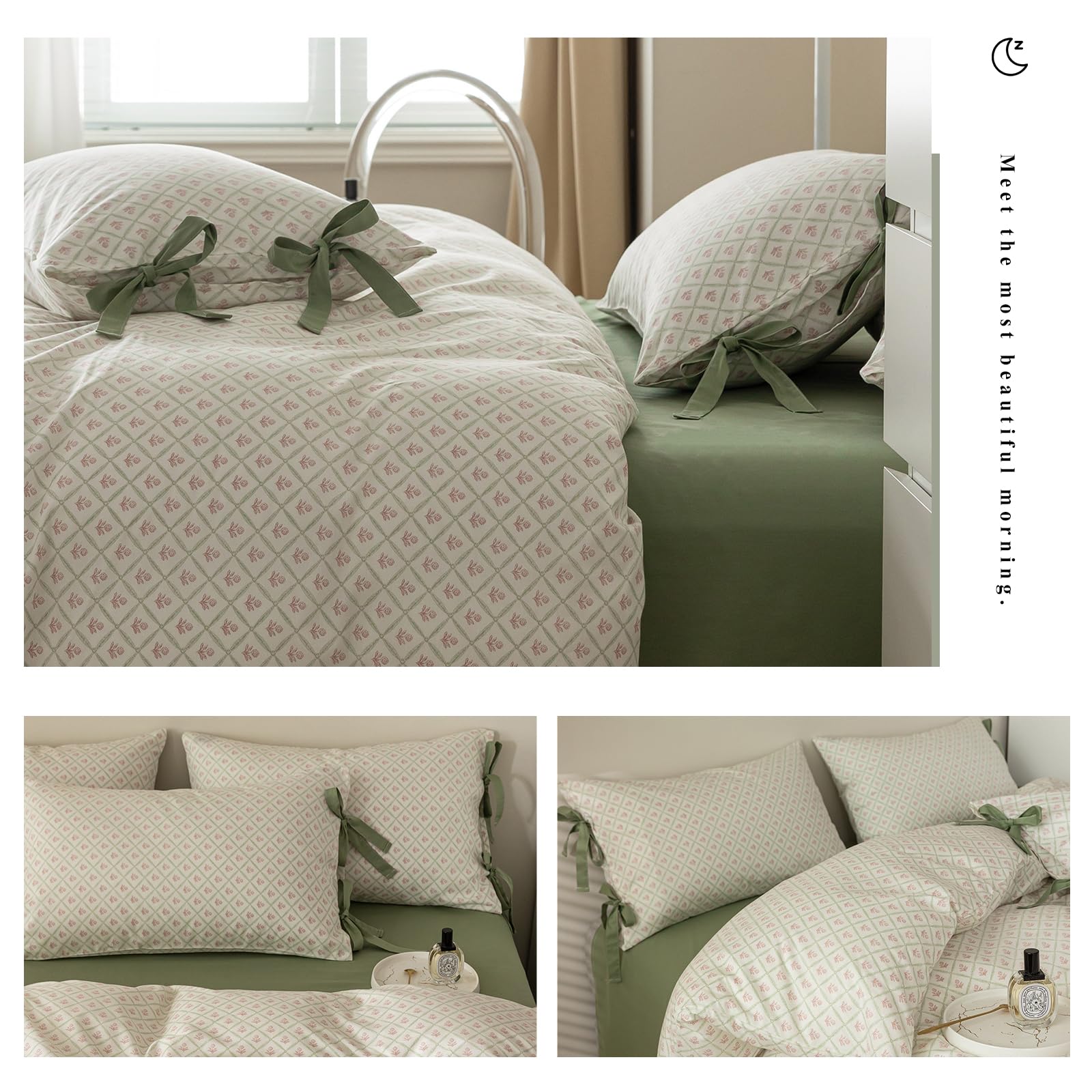 Lifetb Boho Floral Duvet Cover Queen Garden Style Pink Flower Duvet Cover Cotton Plaid Grid Comforter Cover With 2 Bowknot Pillo