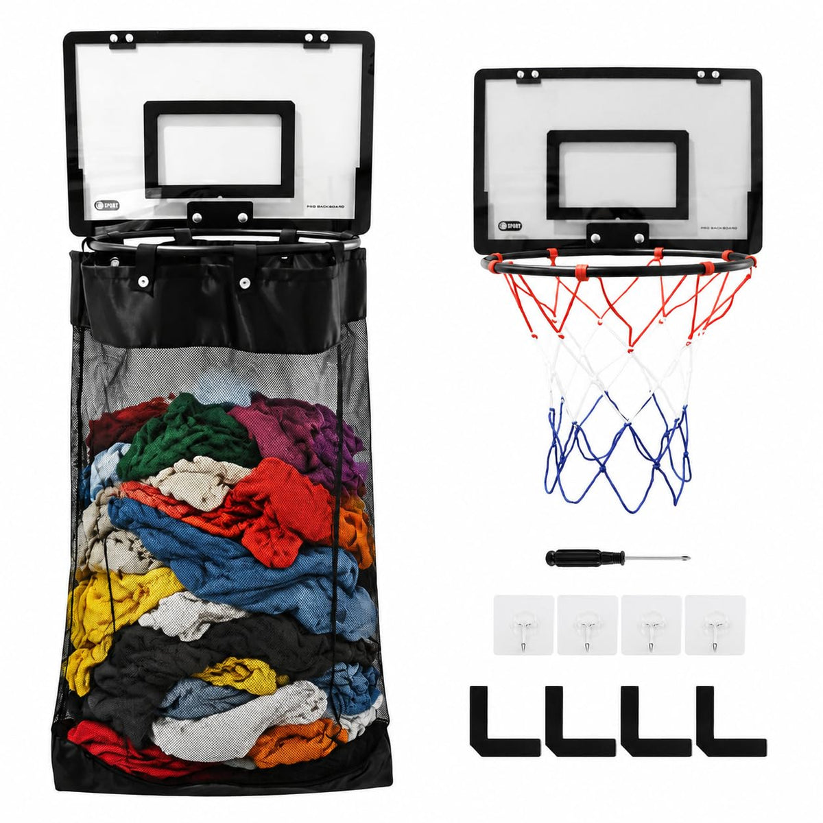 Over the Door Basketball Hamper, 2in1 Hanging Dirty Clothes Organizer with Hoop Design, Kids Room Fun Toss Storage Bag, Large 