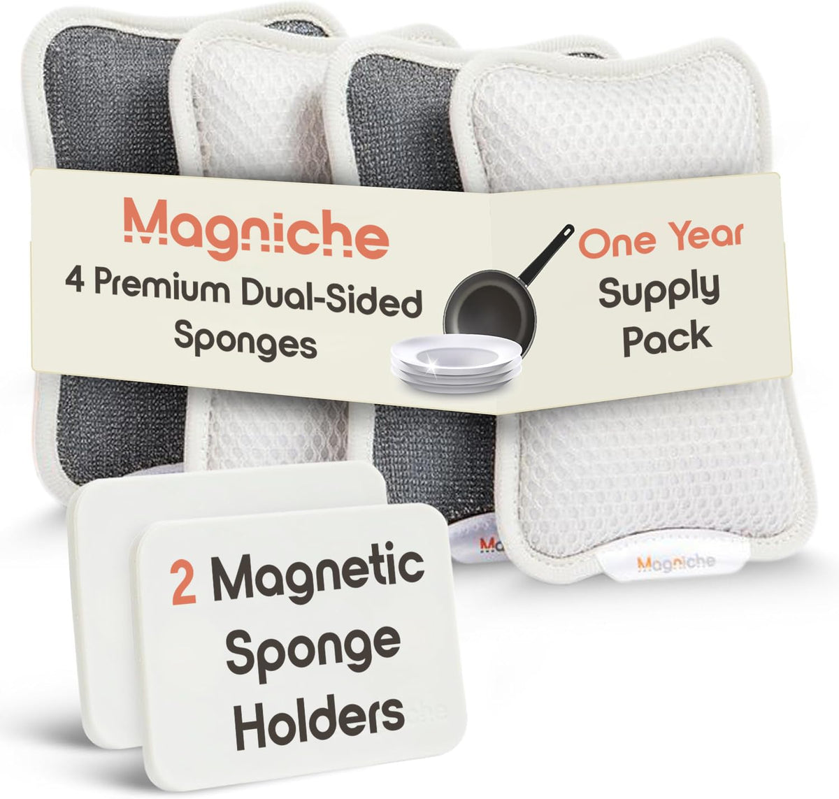 Magniche 3-In-1 Dishwashing Cleaning Kit - Magnetic Sponge Holder For Kitchen Sink W/ 4-Pack Dual-Sided Dish Sponges Kitchen Set