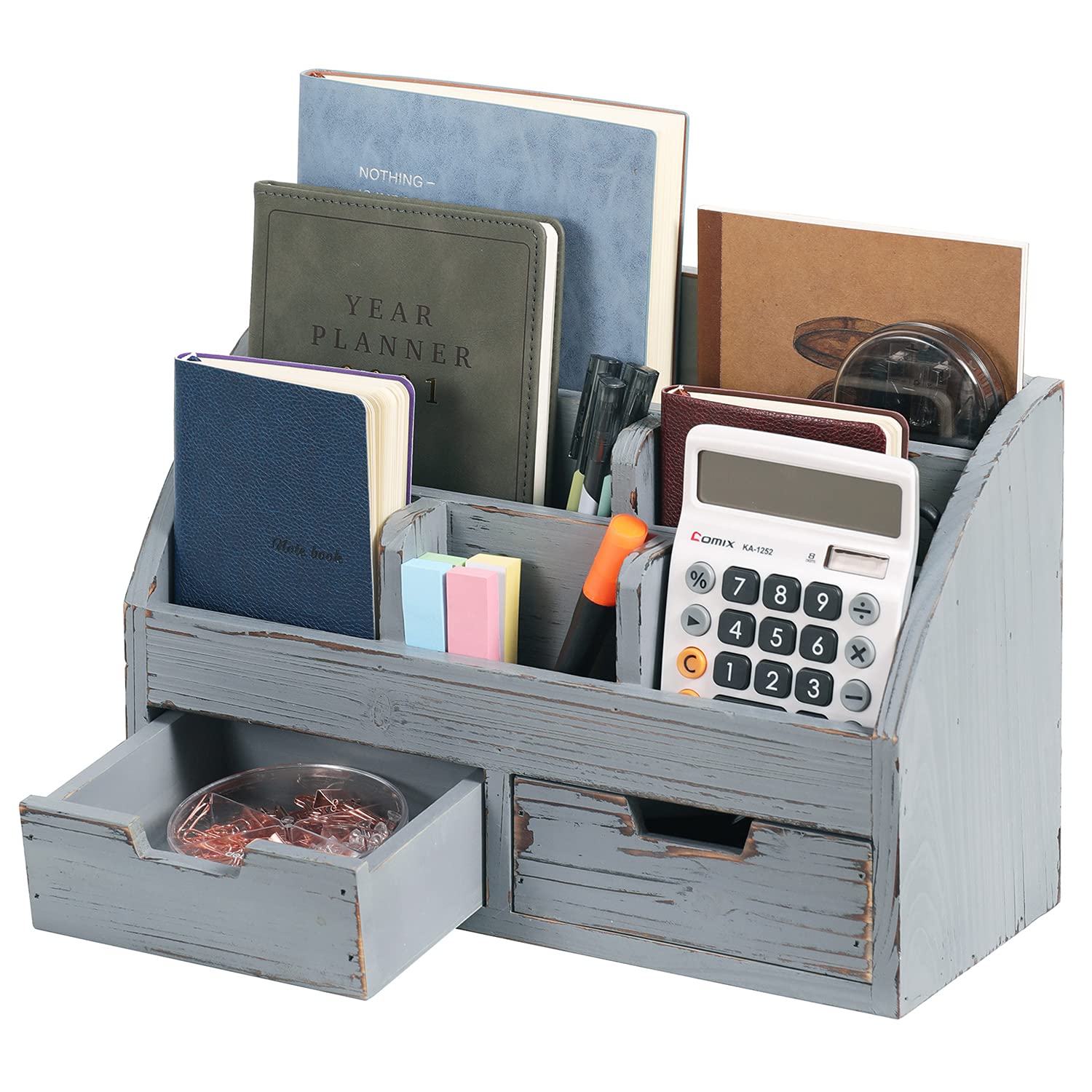 Mygift Dark Gray Wood Desk Organizer, Includes 6 Compartments And 2 Pullout Drawers To Organize Office Supplies And Accessories