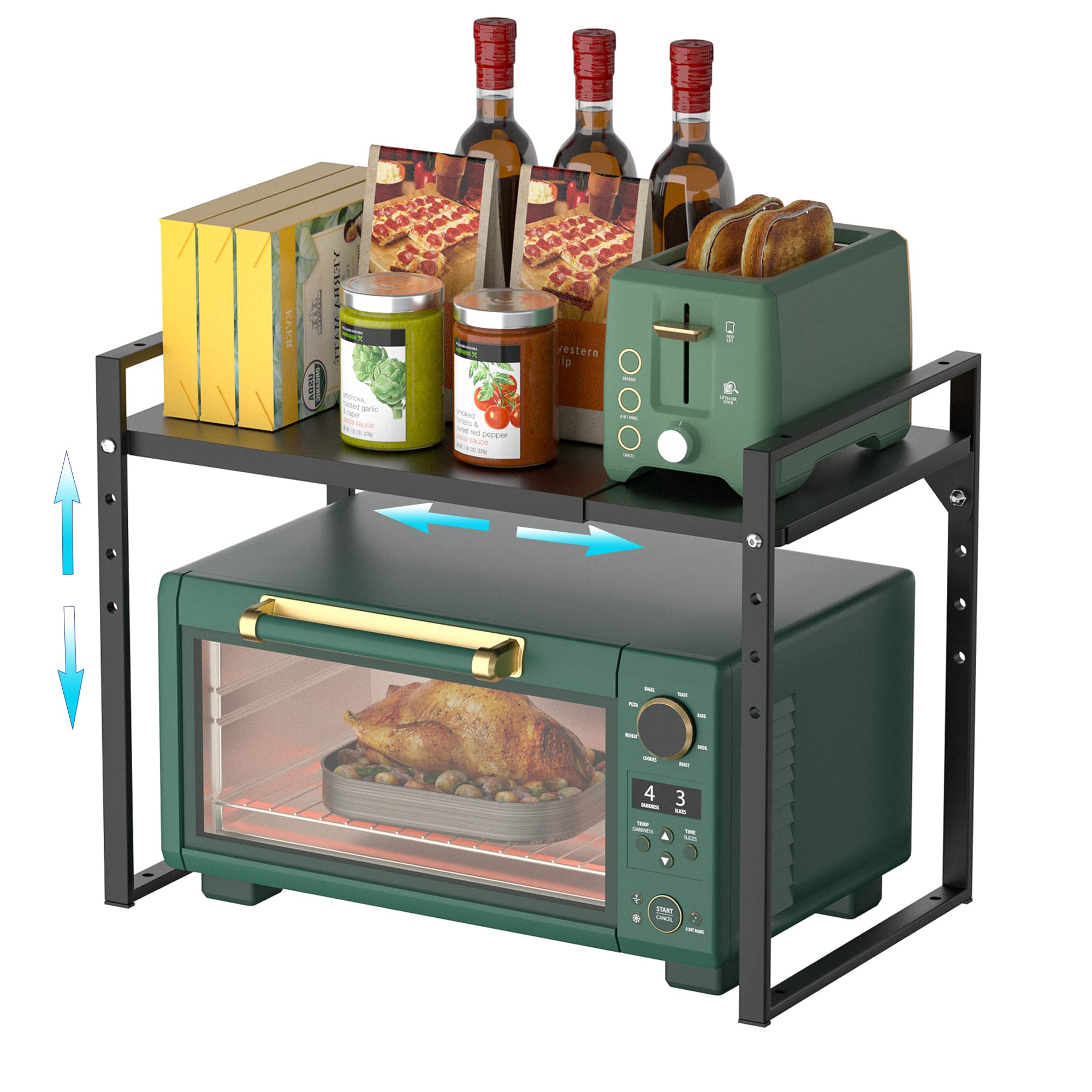 iPEGTOP Extendable Microwave Oven Rack, Adjustable Height Microwave/Toaster Shelf Heavy Duty Metal Pantry Shelf Space Riser Stan