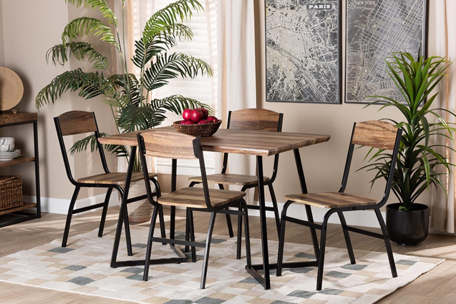 Baxton Studio Roana Modern and Contemporary Walnut Brown Finished Wood and Black Metal 5-Piece Dining Set