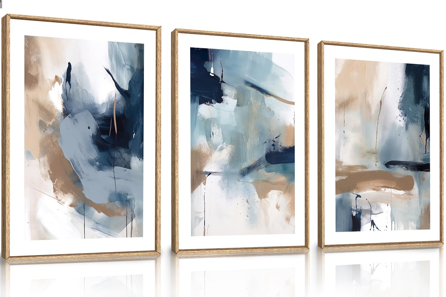 LHIUEM Large Navy Blue Brush Strokes Framed Canvas Wall Art Set,Abstract Neutral Art Painting,Modern Pastel Brown Artwork,Minima