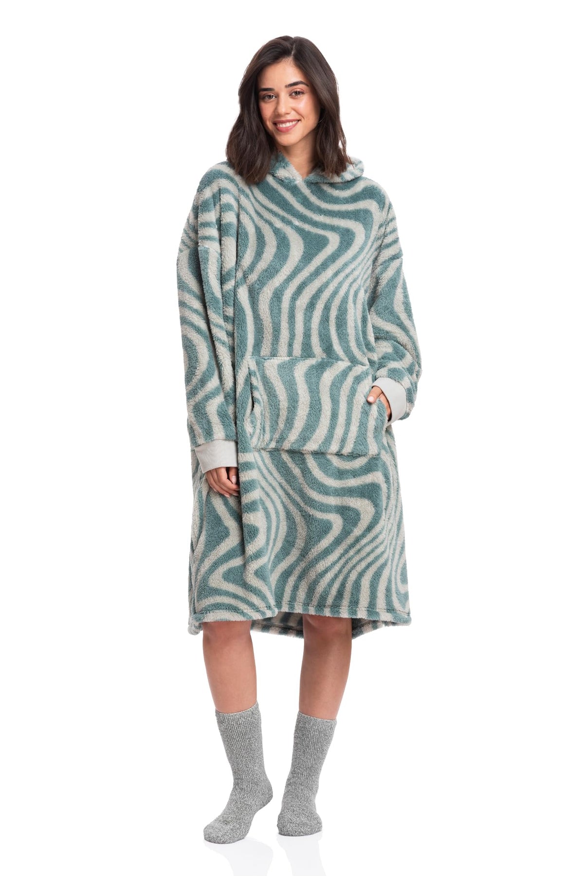 Mad Dog Sherpa Fleece Wearable Blanket Hoodie For Adult Women With Long Sleeves, Cozy Hooded Poncho Jacket, Green Print