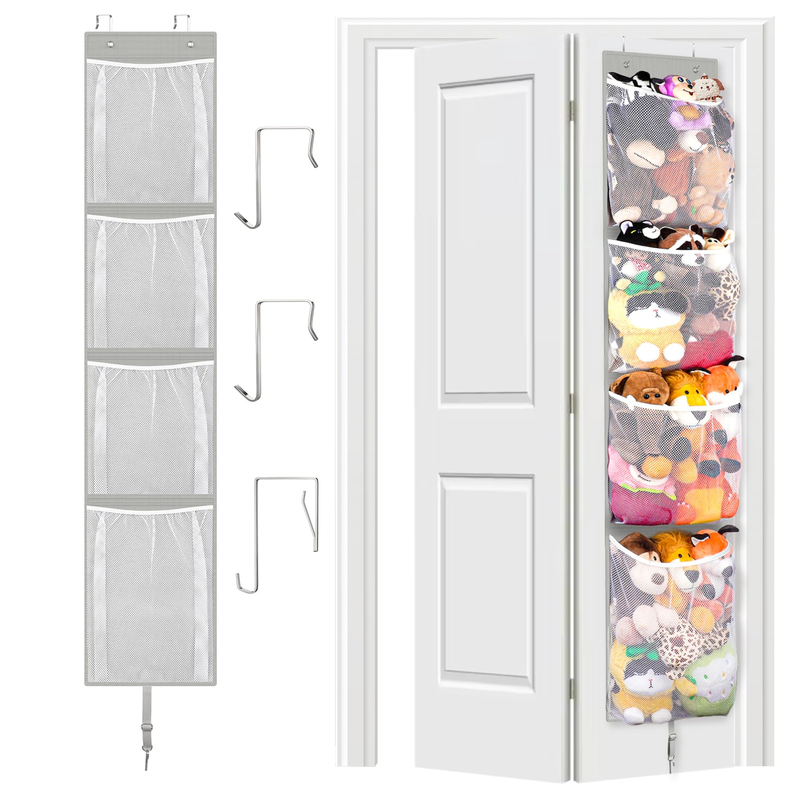 Woodoulogy Stuffed Animal Storage Over Door, Hanging Toy Organizer, Plush Doll & Bear Baby Accessory Holder Idea for Nursery, 12