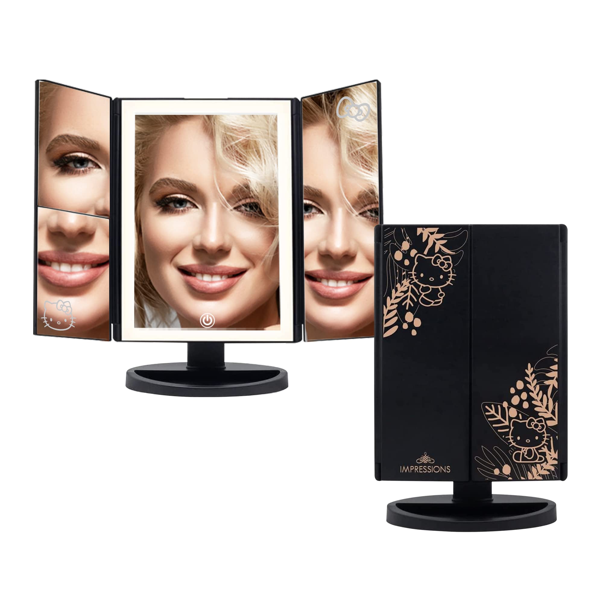 Impressions Vanity Hello Kitty Mirror with Lights, Trifold LED Tri-Tone Makeup Mirror with Touch Sensor and Three Adjustable Mir