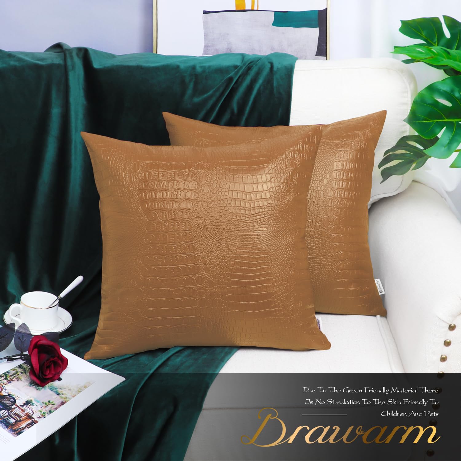 Brawarm Faux Leather Pillow Covers 20 X 20 Inches, Tan Leather Pillow Covers Pack Of 2, Crocodile Leather Decorative Throw Pillo