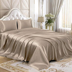Homiest 4Pcs Rv Short Queen Satin Sheets Set Luxury Silky Satin Bedding Set With 10' Deep Pocket, Camper Queen Sheets, 1 Fitted Sheet + 1 Flat Sheet + 2 Pillowcases (Rv Short Queen, Taupe)