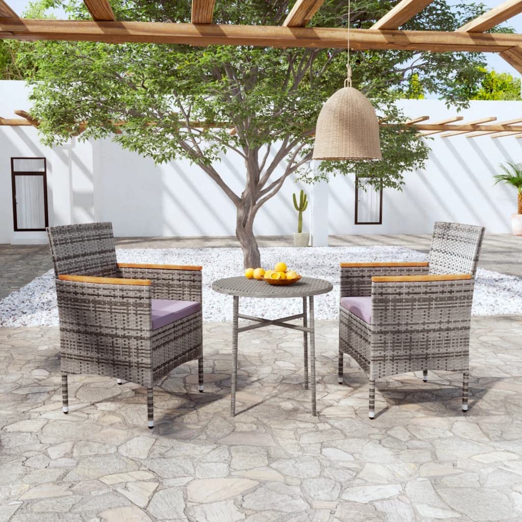 vidaXL 3 Piece Patio Dining Set Poly Rattan Conversation Set - Gray & Brown with Dark Gray Cushions - Ergonomic Design for Garden & Outdoor **Dining**