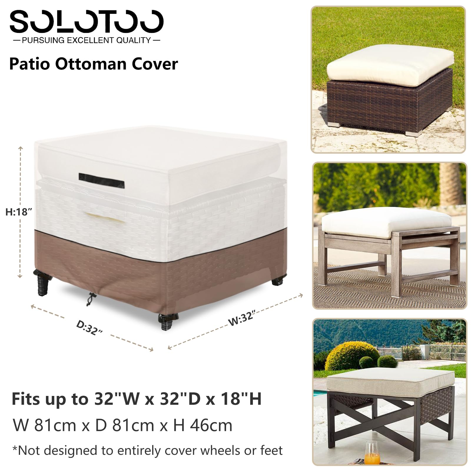 Solotoo Patio Ottoman Cover Waterproof Square Outdoor Ottoman Cover,32W X 32D X 18H Inches Patio Furniture Covering Protector Ou