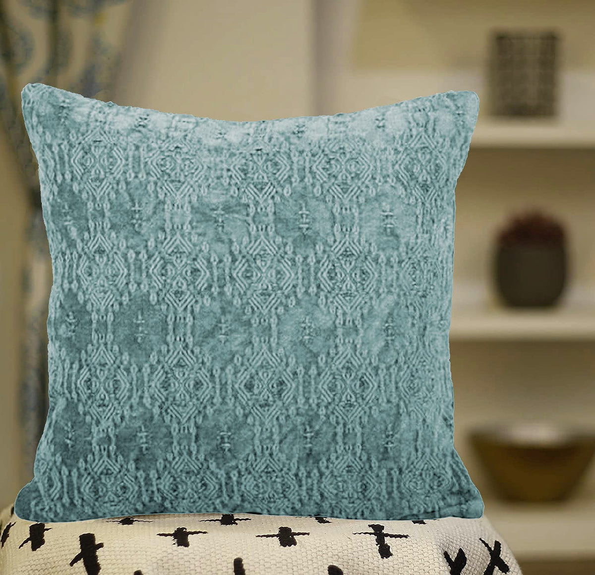 Home The Best Is For You Self Design/Woven Chennil Cotton Cushion Cover (12 * 12, Blue)  Pack Of 1