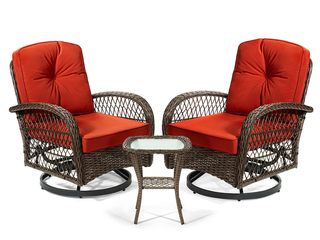 Sha Cerlin 3 Pieces Patio Furniture Set, Outdoor Swivel Glider Rocker, Wicker Patio Bistro Set With Rocking Chair, Cushions And Table (Red)