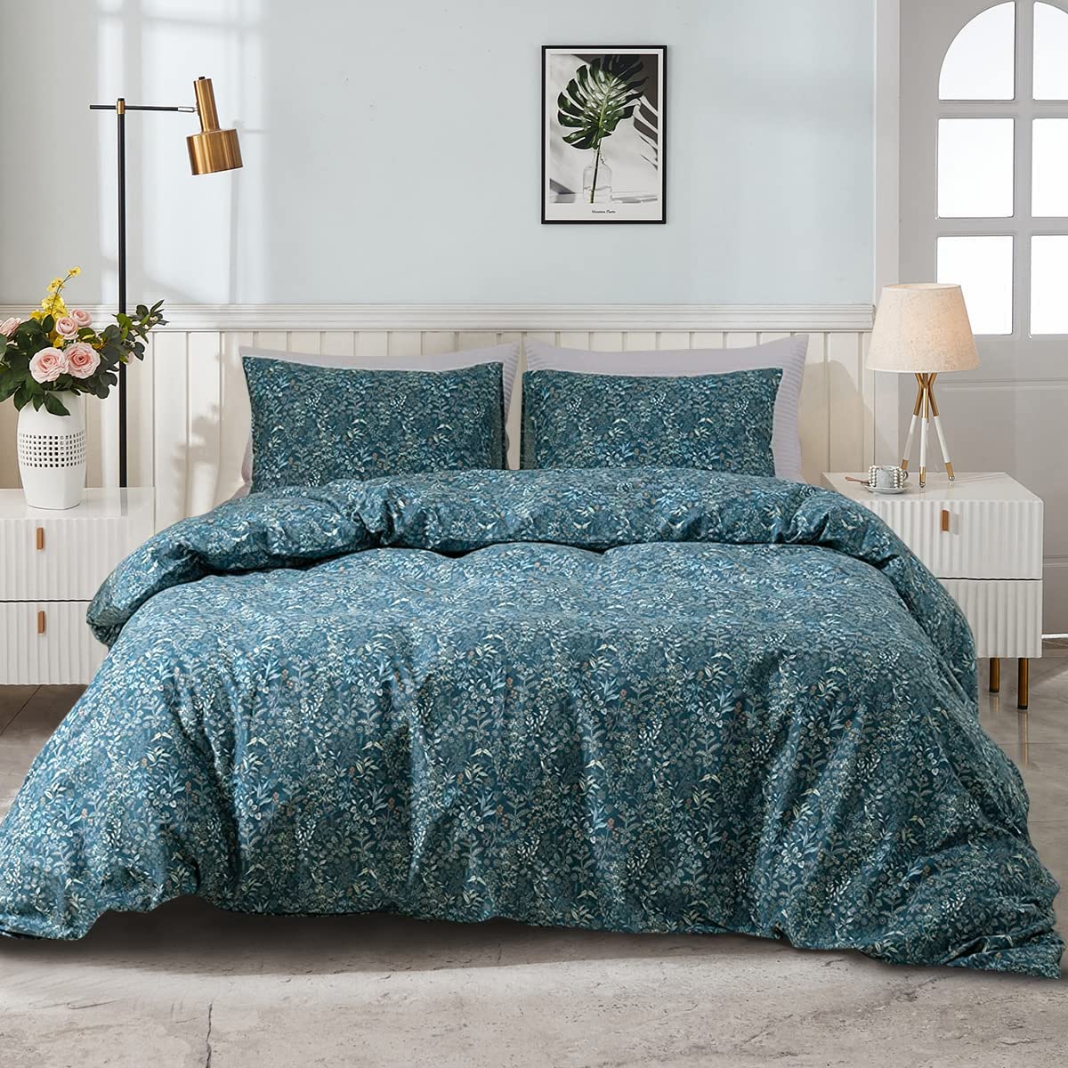 Eavd Garden Style Floral Duvet Cover Twin Soft 100% Cotton Blue Floral Bedding Set With 2 Pillowcases Chic Shabby Botanical Comf