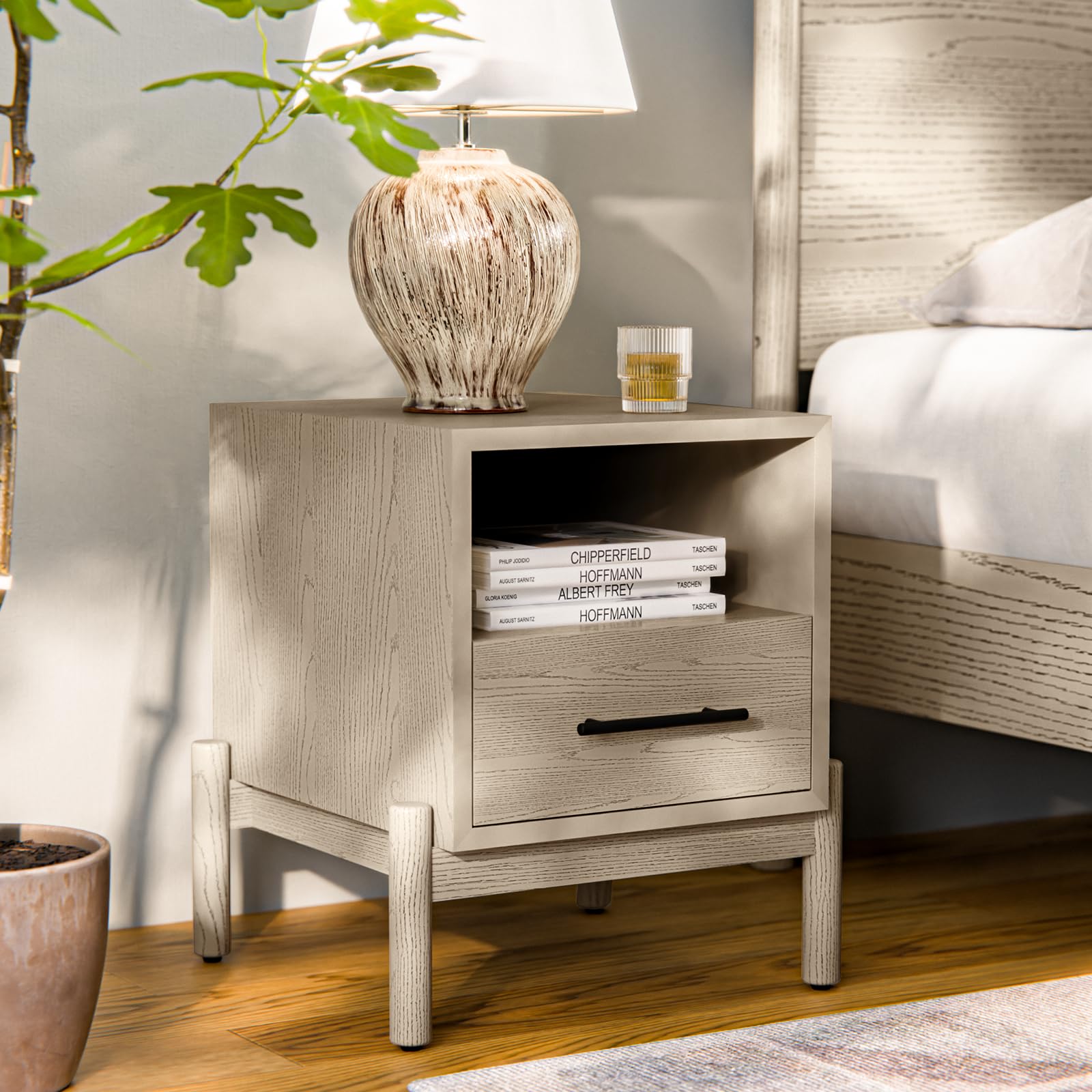 Bme Lyra Solid Wood Nightstand/Side Table/End Table - Easy Assembly - with 2 Drawers Storage for Mid Century Modern Living Room 