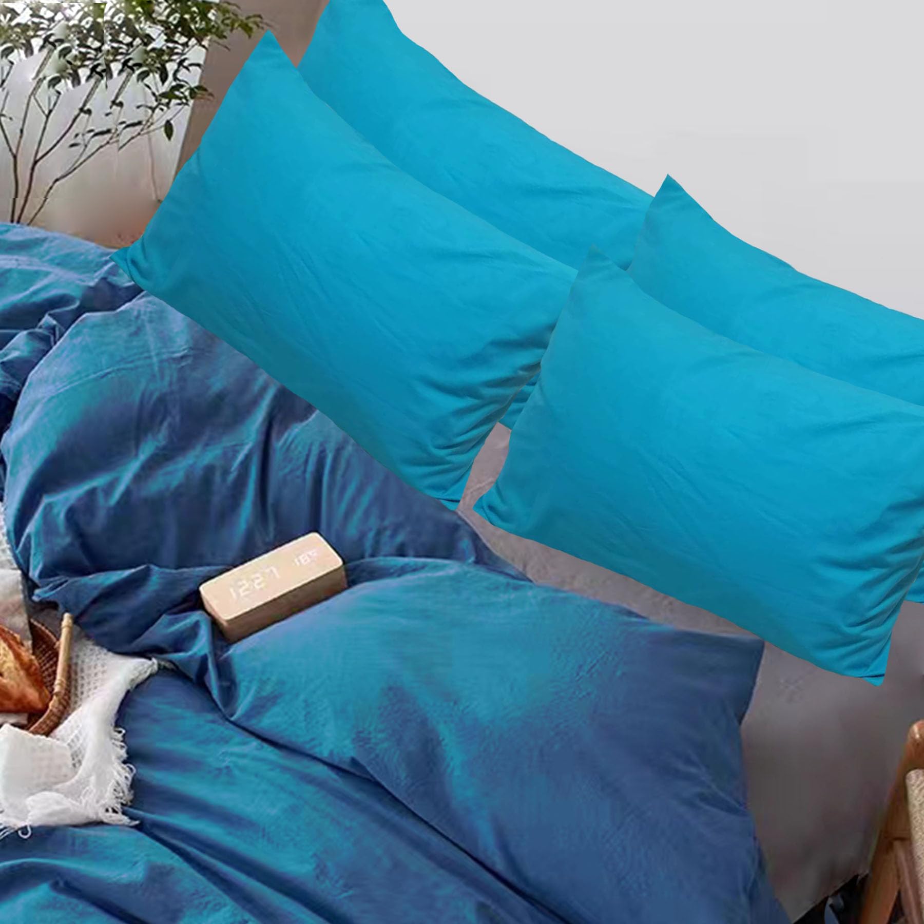 Premium Queen Pillowcases 4 Pack - Blue Standard - Ultra Soft 1800 Thread Count Microfiber- Double Brushed - Allergies Free - Wr