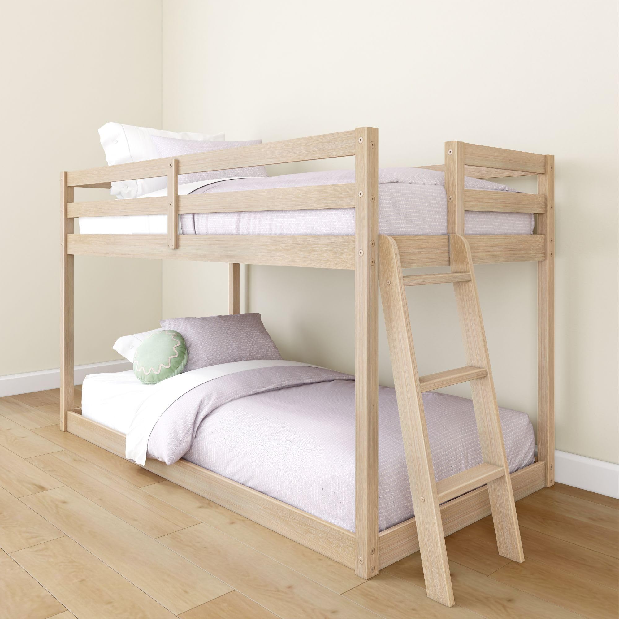 Grain & Grove Bear Twin Over Twin Bunk Bed, Low Bunk Bed Frame for Kids, Bunk with Ladder, Guardrail and Slats, No Box Spring Re
