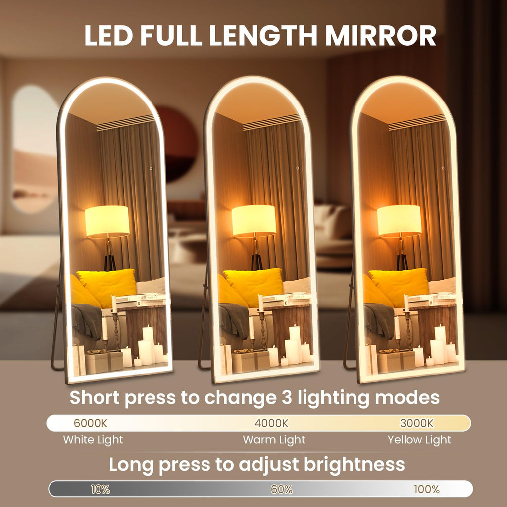 Pertetey 83X36 Inch Led Arched Full Length Mirror With Lights, Black Frame Lighted Floor Mirror, Dimmable & 3 Color Modes Led Fu