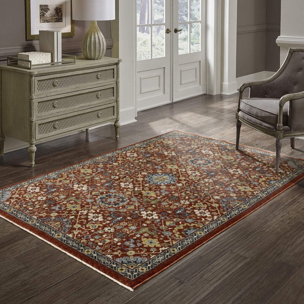 HomeRoots 507979 6 x 9 ft. Red Blue Gold & Ivory Oriental Power Loom Stain Resistant Rectangle Area Rug with Fringe