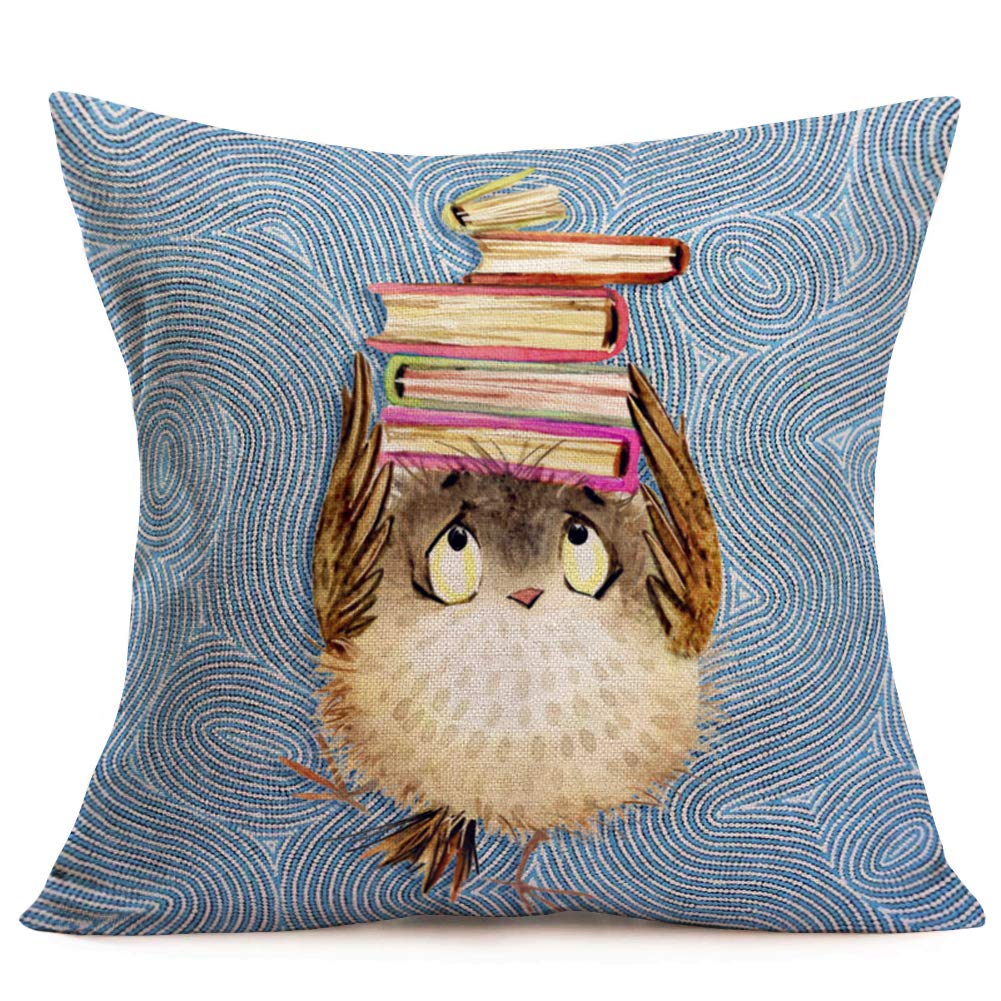 Fukeen Watercolor Animal Pillows Cotton Linen Farmhouse Decorative Lively Owl Read Books Pillow Cover Square Standard 18X18 Inch
