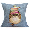 Fukeen Watercolor Animal Pillows Cotton Linen Farmhouse Decorative Lively Owl Read Books Pillow Cover Square Standard 18X18 Inch