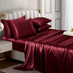 Horbaunal 6 Piece Satin Sheet Set Queen Size Luxury Silky & Soft Burgundy Satin Queen Bed Sheet Set with 16'' Deep Pocket, 1 Fit
