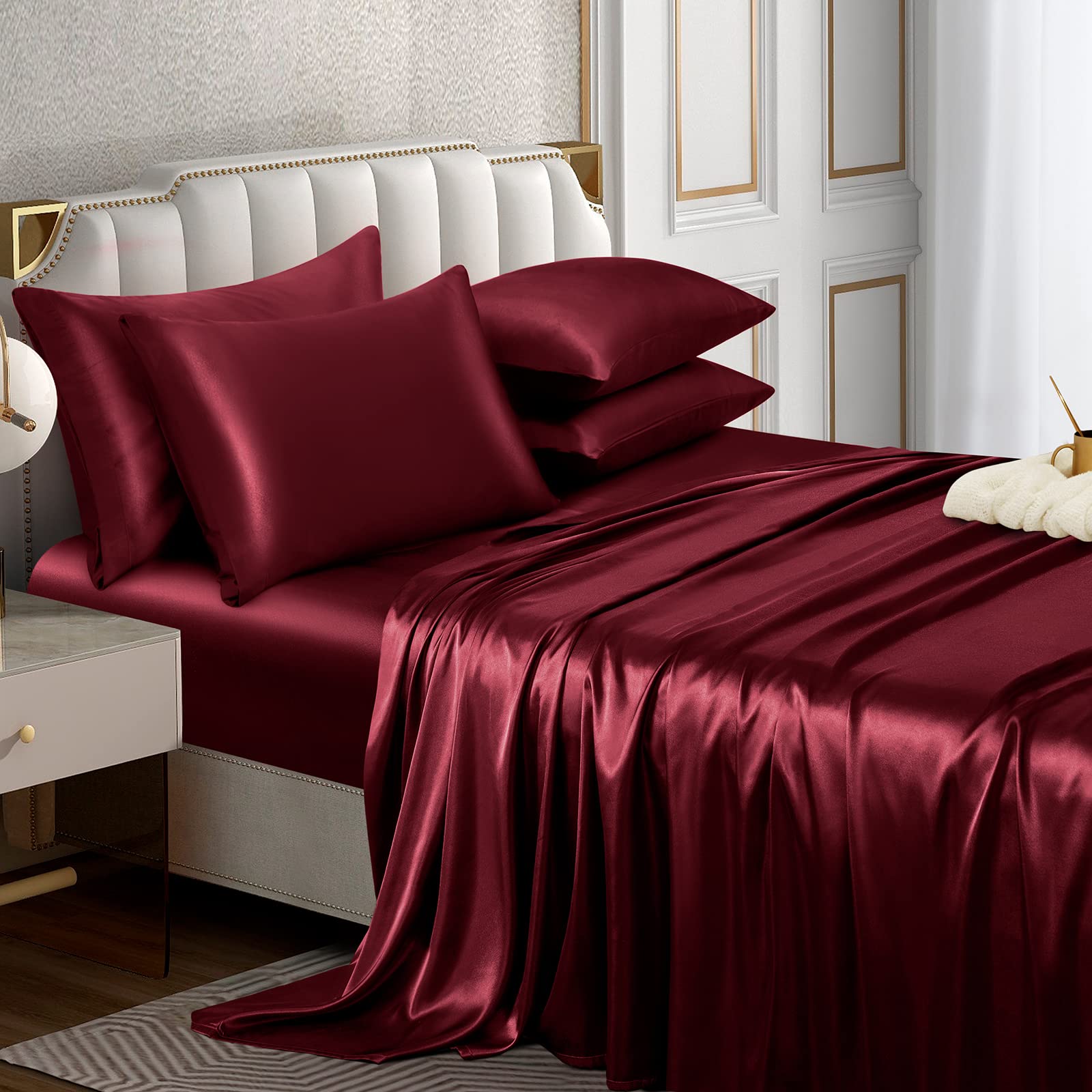 Horbaunal 6 Piece Satin Sheet Set Full Size Luxury Silky & Soft Burgundy Satin Full Bed Sheet Set With 16' Deep Pocket, 1 Fitte