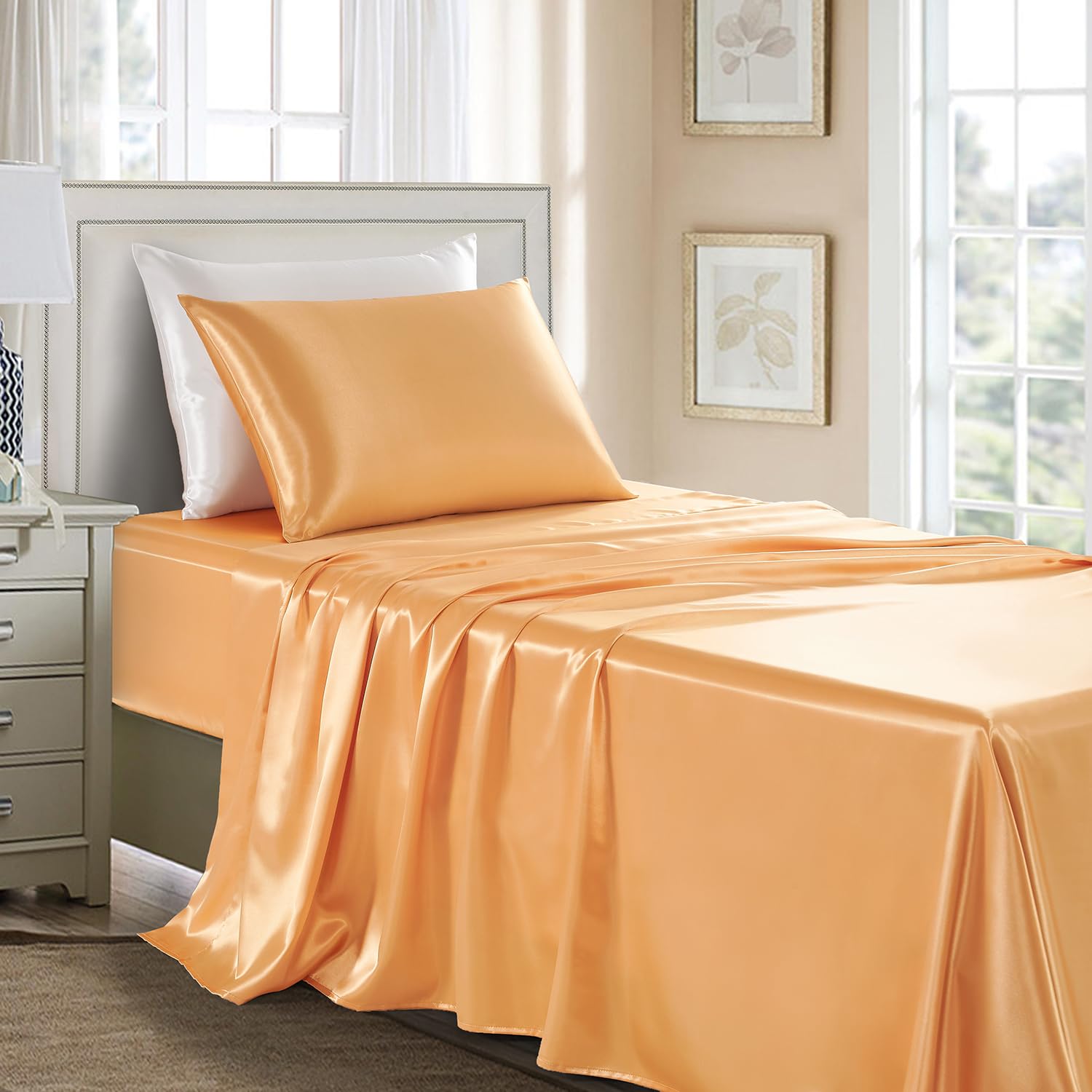 Golal Satin Sheets Twin Size - 3 Pieces Luxury Silky Soft Bed Sheets For Kids, Wrinkle-Free Gold Satin Silk Sheet Set With 1 Dee