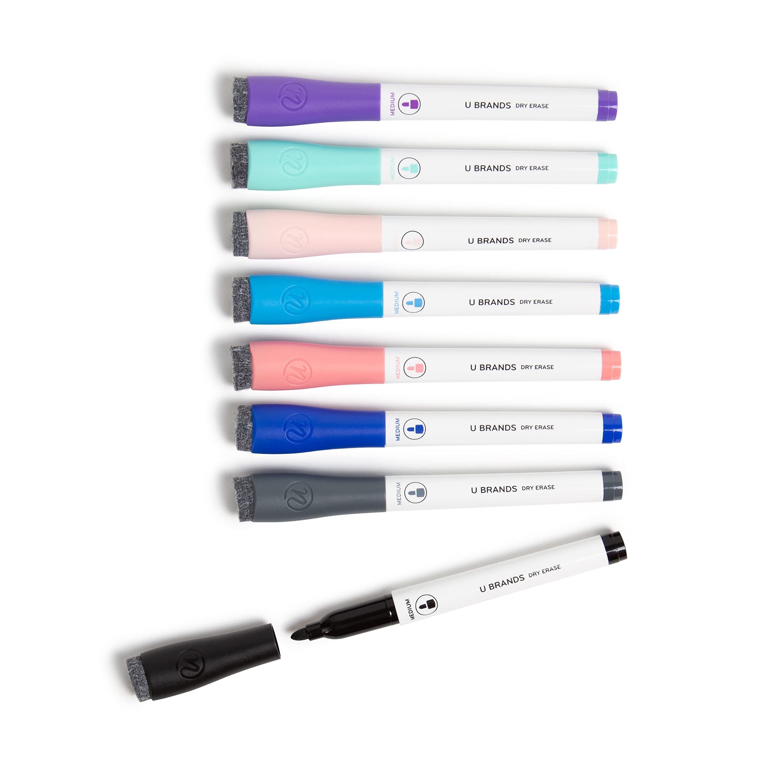U Brands Dry Erase Markers With Erasers, Set Of 8, Assorted Pastel Colors, Low-Odor, Medium (2 Mm) Point