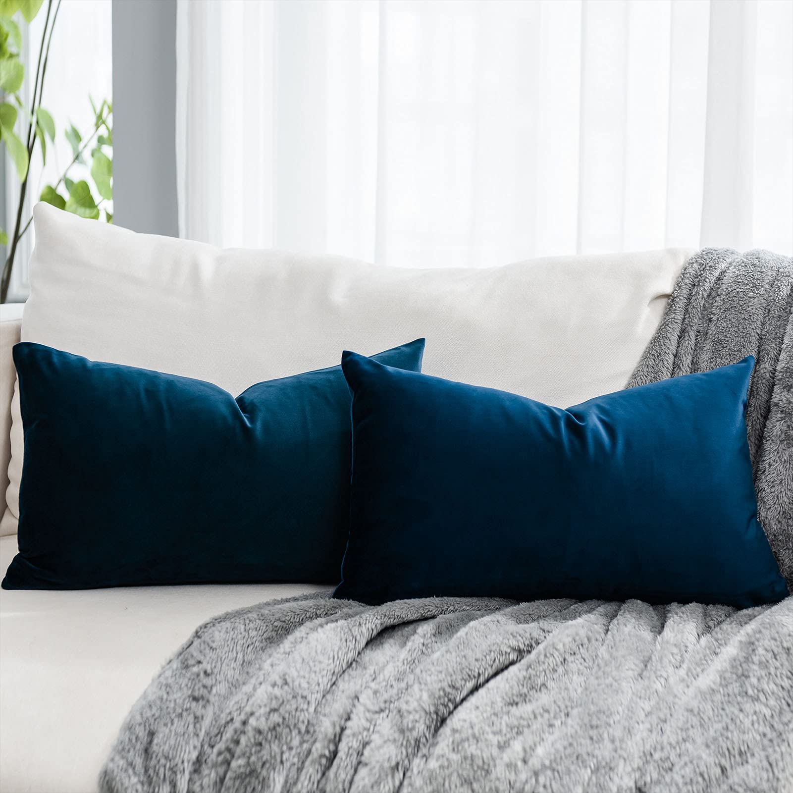 Quafoo Navy Blue Decorative Lumbar Velvet Throw Pillow Covers 16X24 Inch Set Of 2 With Zipper Luxury Soft Solid Rectangle Cushio