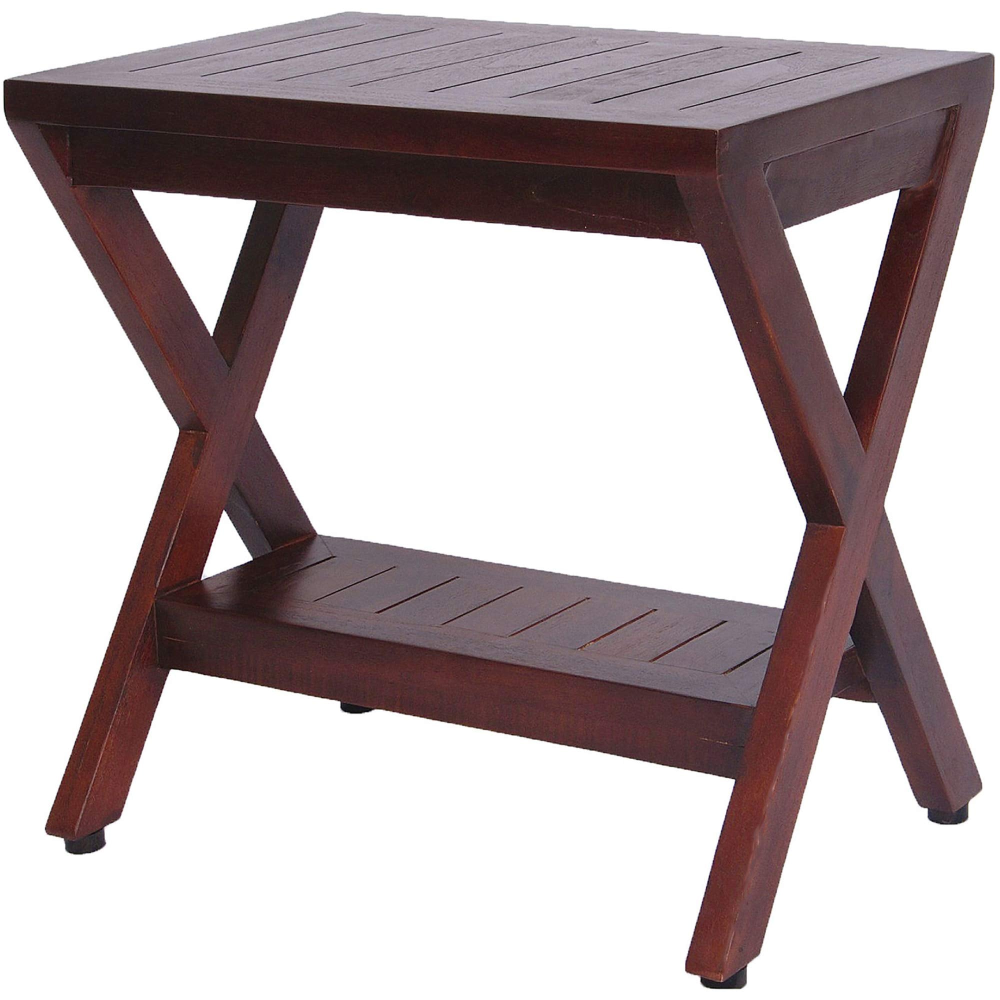 HomeRoots Compact X Shape Teak Shower Outdoor Bench with Shelf