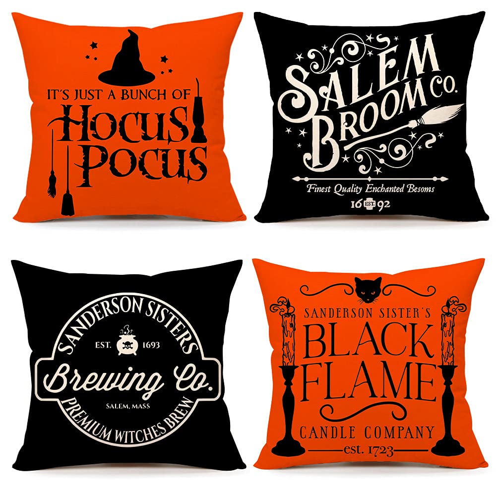 4Th Emotion Halloween Decor Pillow Covers 18X18 Set Of 4 Halloween Decorations Hocus Pocus Farmhouse Saying Orange Black Outdoor