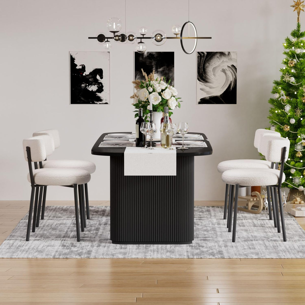 Haizao Boucle Dining Chairs Set Of 4, Modern Round Upholstered Dining Chairs, Curved Backrest Kitchen Dining Room Chairs, Mid-Ce