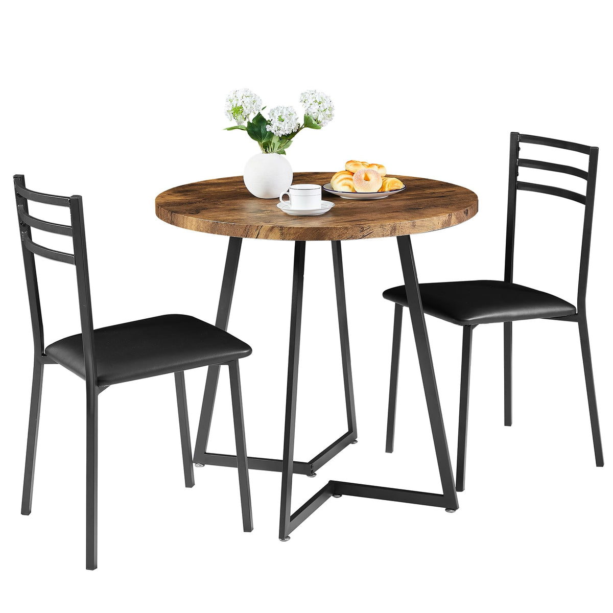 Vecelo Small Round Kitchen Table With 2 Upholstered Chairs, 3-Piece Wood Dinette Sets With Steel Frame For Breakfast Nook, Dinin