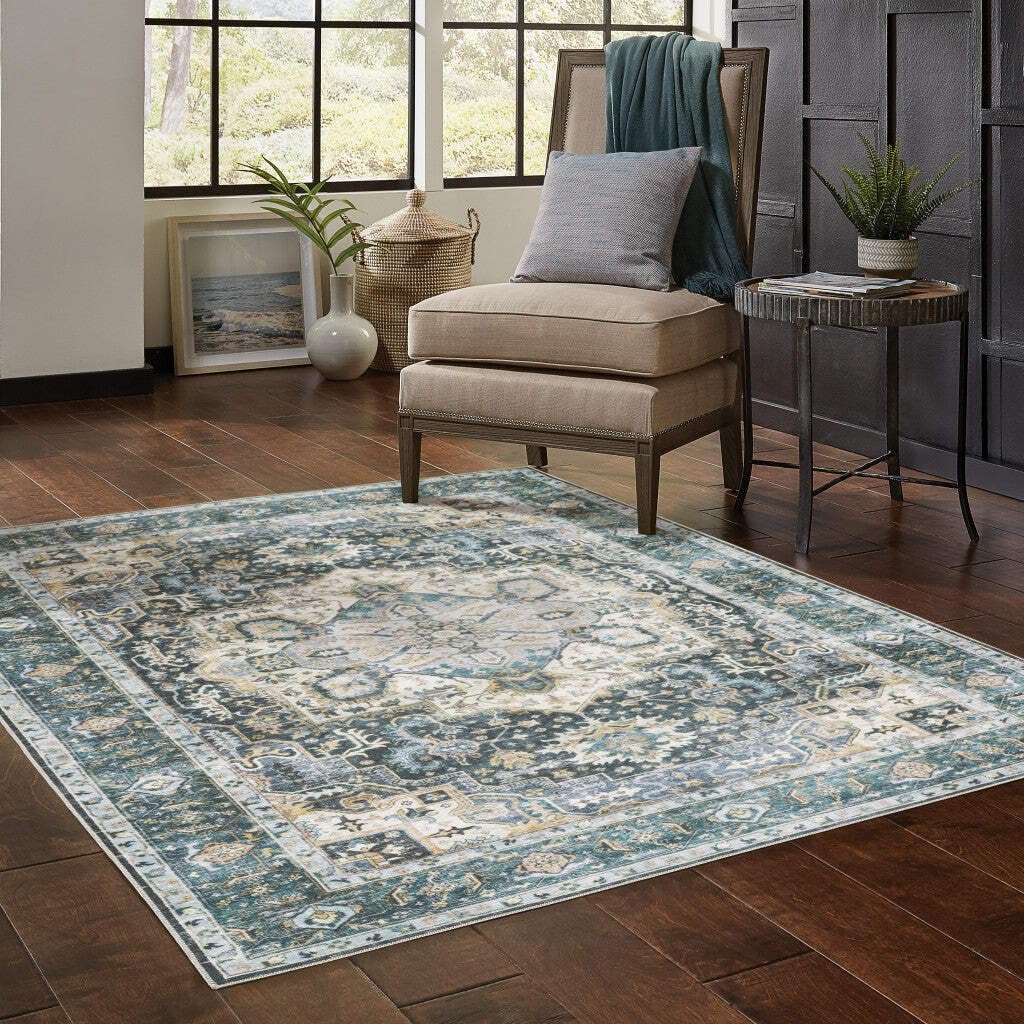 HomeRoots 510365 7 x 10 ft. Blue Ivory Teal Brown & Gold Oriental Printed Stain Resistant Non Skid Rectangle Area Rug