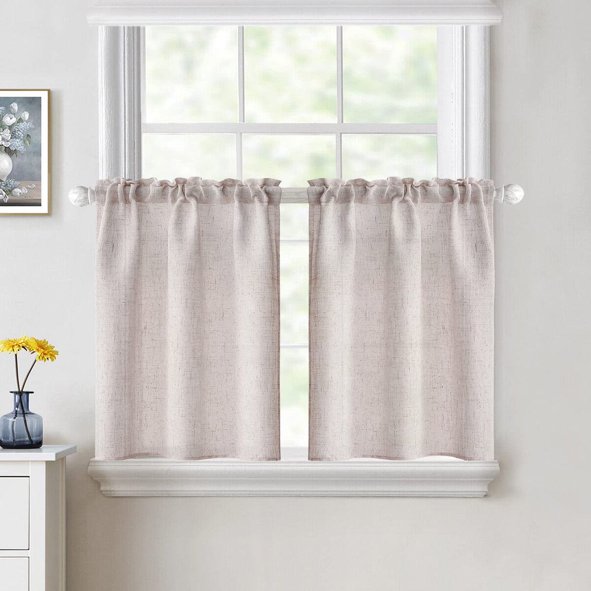 Miulee Linen Textured Kitchen Window Curtains Over Sink 24 Inch Length Semi Sheer Farmhouse Small Curtains For Cafe Bathroom Bas
