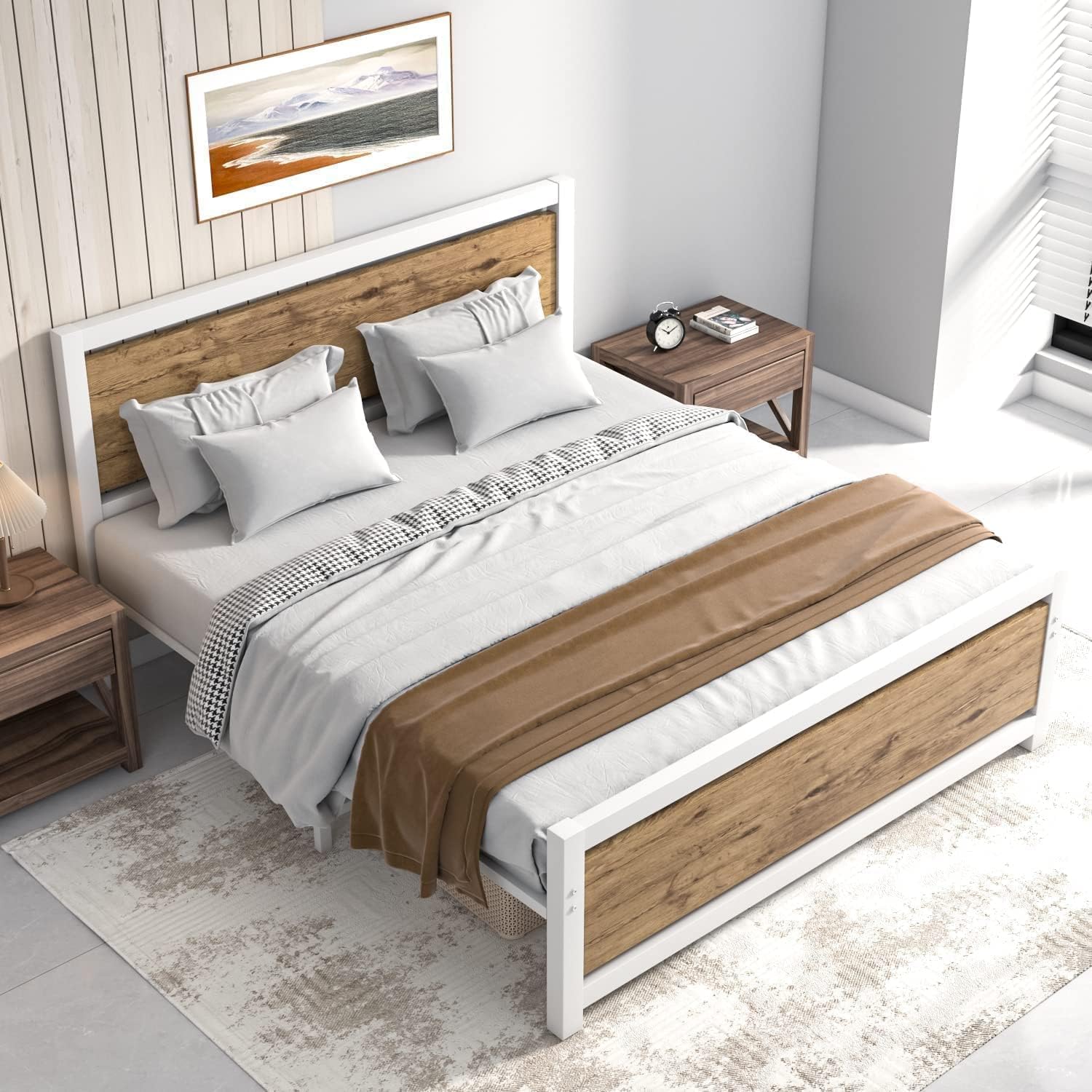 Catrimown Queen Size Bed Frame with Wood Headboard, Metal Queen Bed Frame with Strong Steel Slat Support, Heavy Duty Platform Be