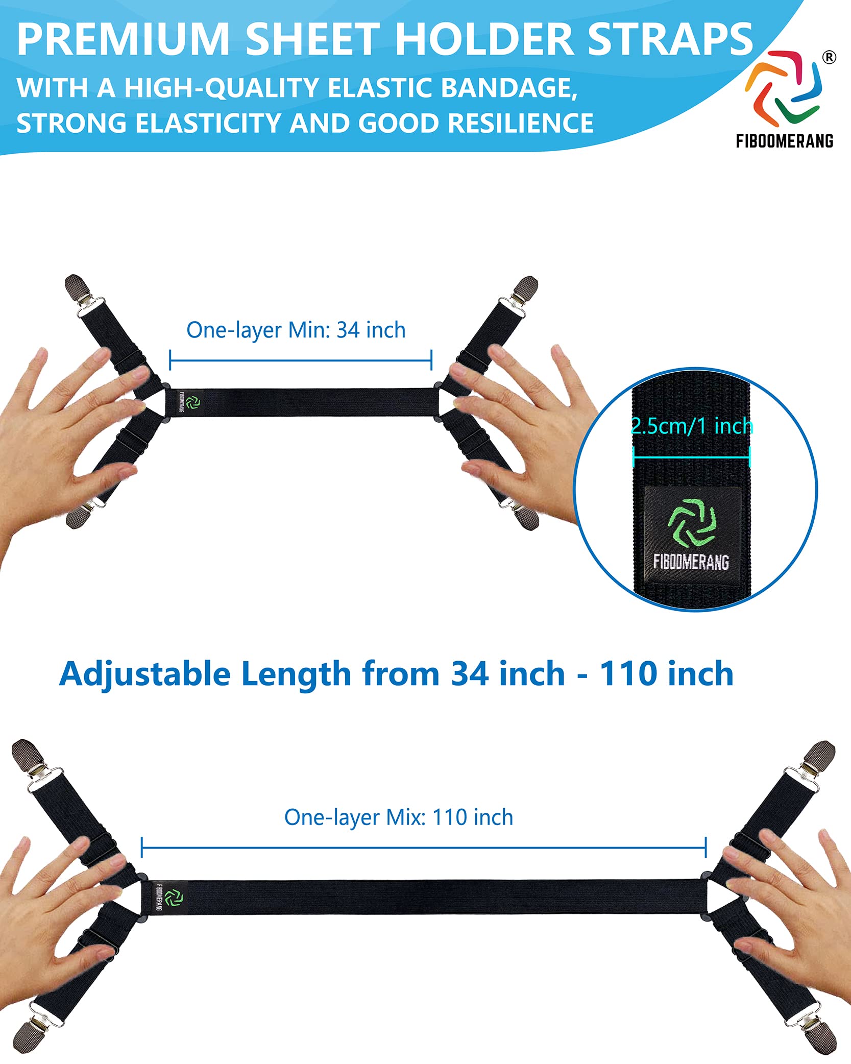 Fiboomerang Bed Sheet Straps - Crisscross Fitted Sheet Clips And Sheet Holder Elastic Bands Bedsheet Fasten Suspenders Grippers,
