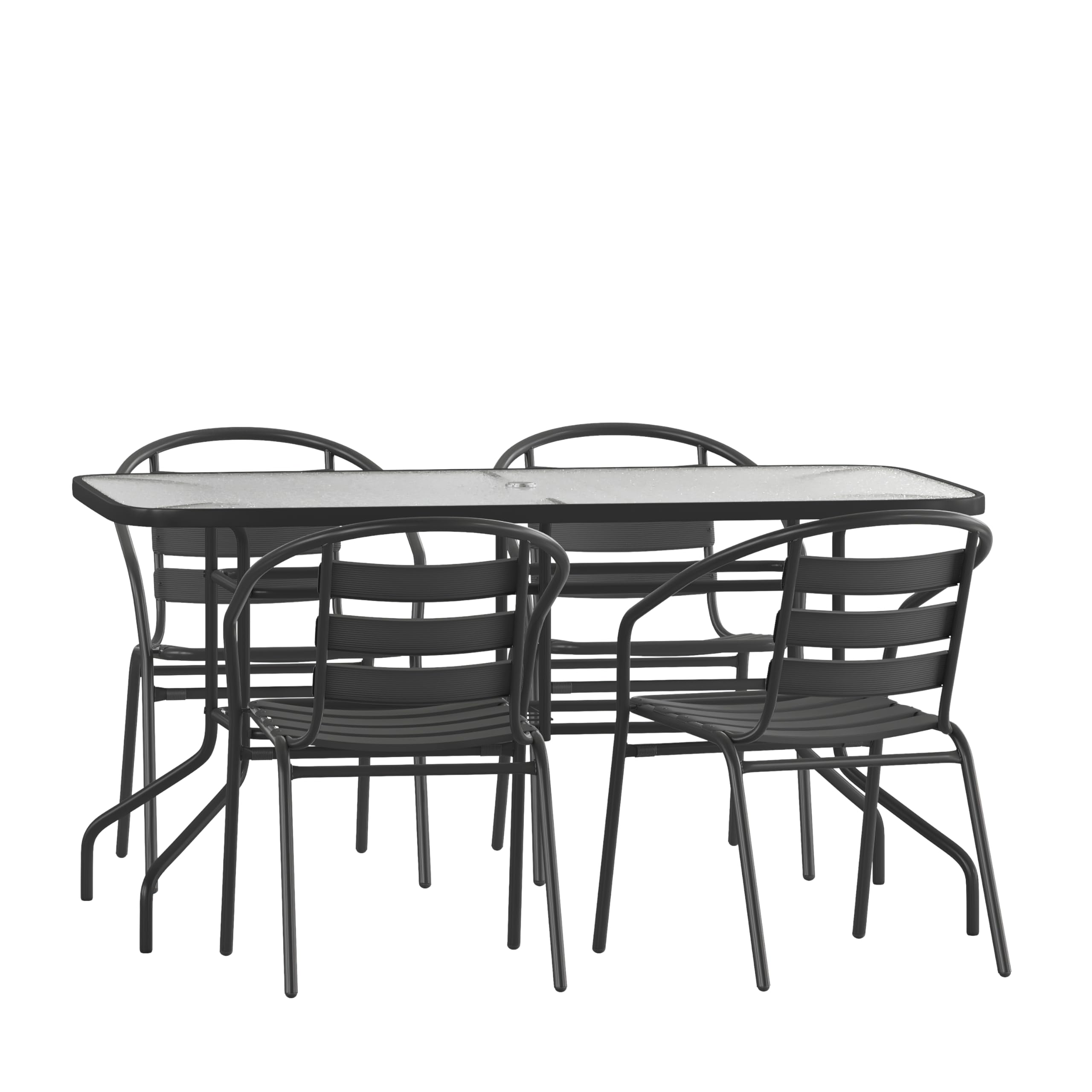 Flash Furniture Lila 5 Piece Patio Dining Set - 55&Quot; Tempered Glass Patio Table With Umbrella Hole - 4 Black Metal Aluminum Slat Stack Chairs
