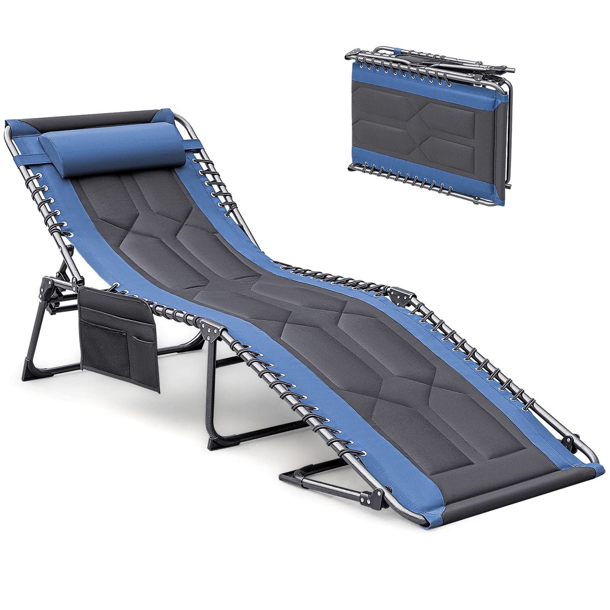 Devoko 4-Fold Padded Portable Folding Outdoor Chaise Lounge Heavy Duty Reclining Chair With Pillow & Side Pocket For Patio, Beach, Pool, Camping, Sunbathing (Blue)