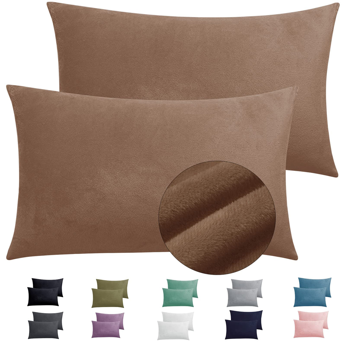 2 Pack Zippered Velvet King Pillowcases, Super Soft And Cozy Luxury Fuzzy Flannel Pillow Cases With Zipper, 20X36 Inches, Brown