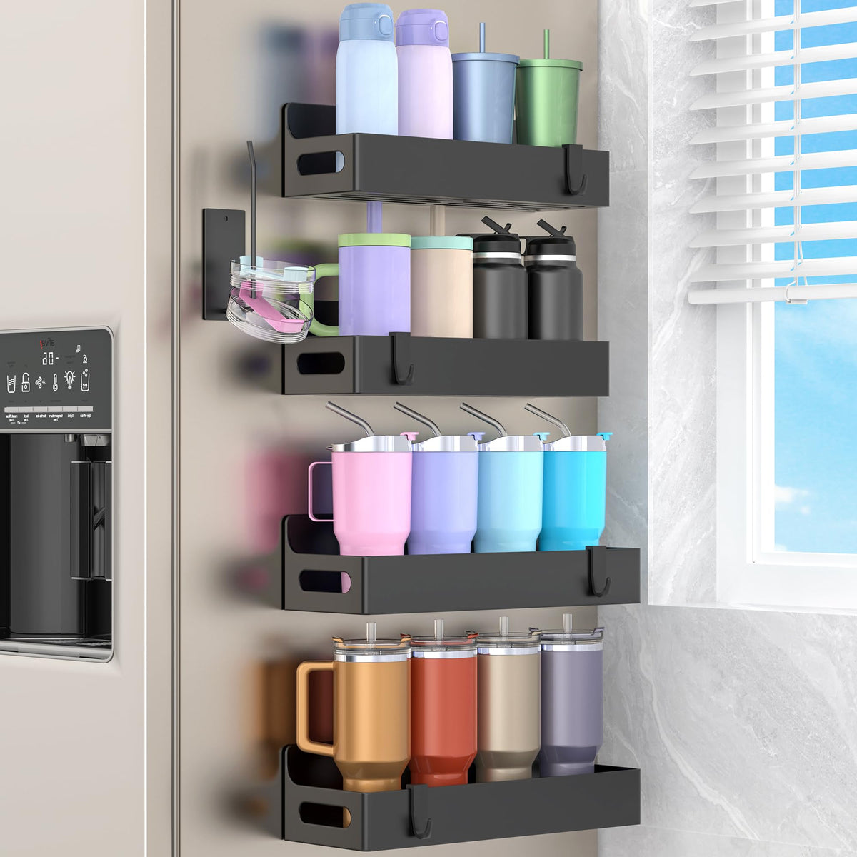 HuggieGems Magnetic Water Bottle Holder for Fridge Black, 4 Pack