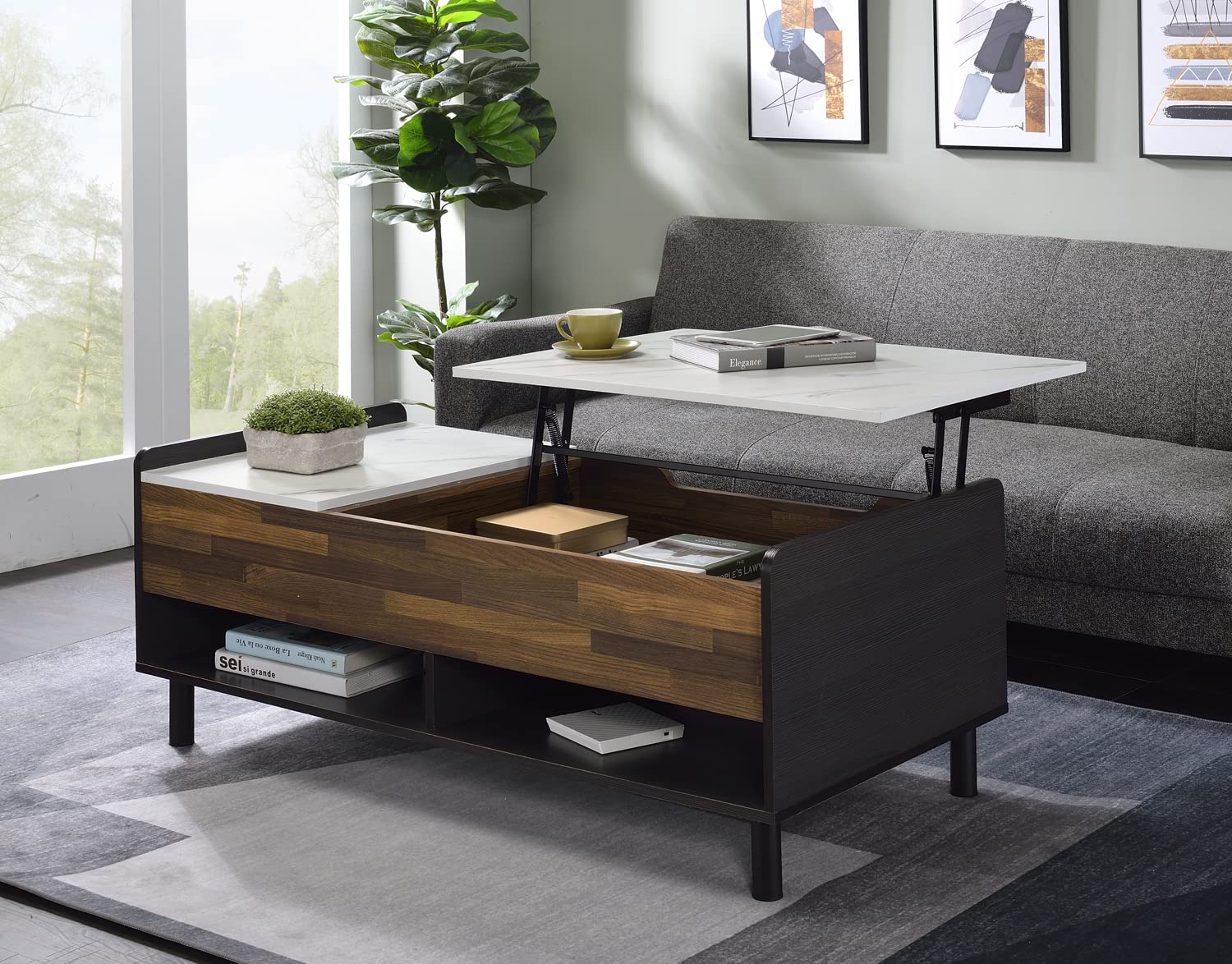 ACME Furniture Lift White Marble Top Coffee Table in Black and Walnut
