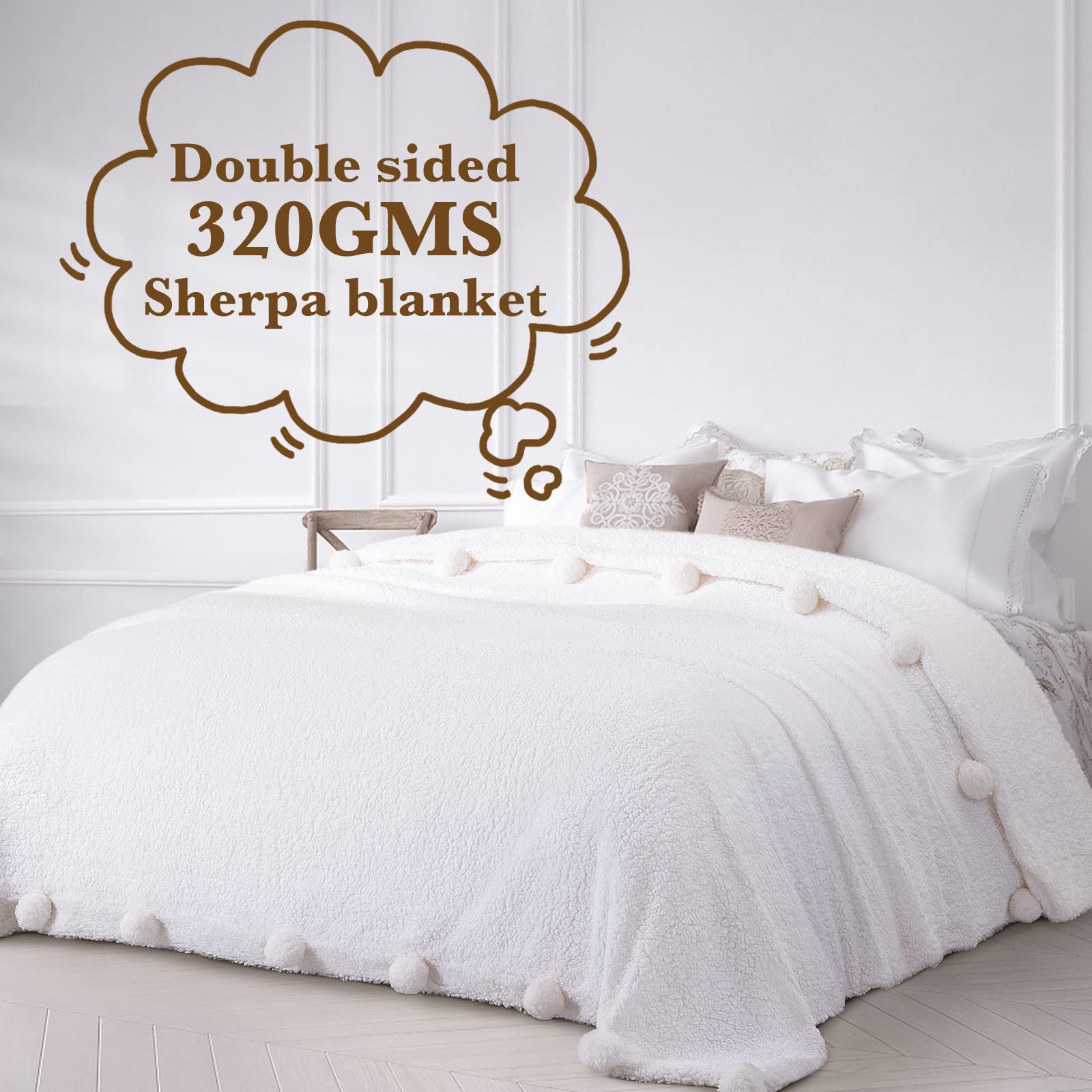Lbro2M Double Sided Sherpa Blanket,King Size Super Soft Fuzzy Plush Warm Cozy Fluffy Throw Reversible Luxurious Blankets (White)