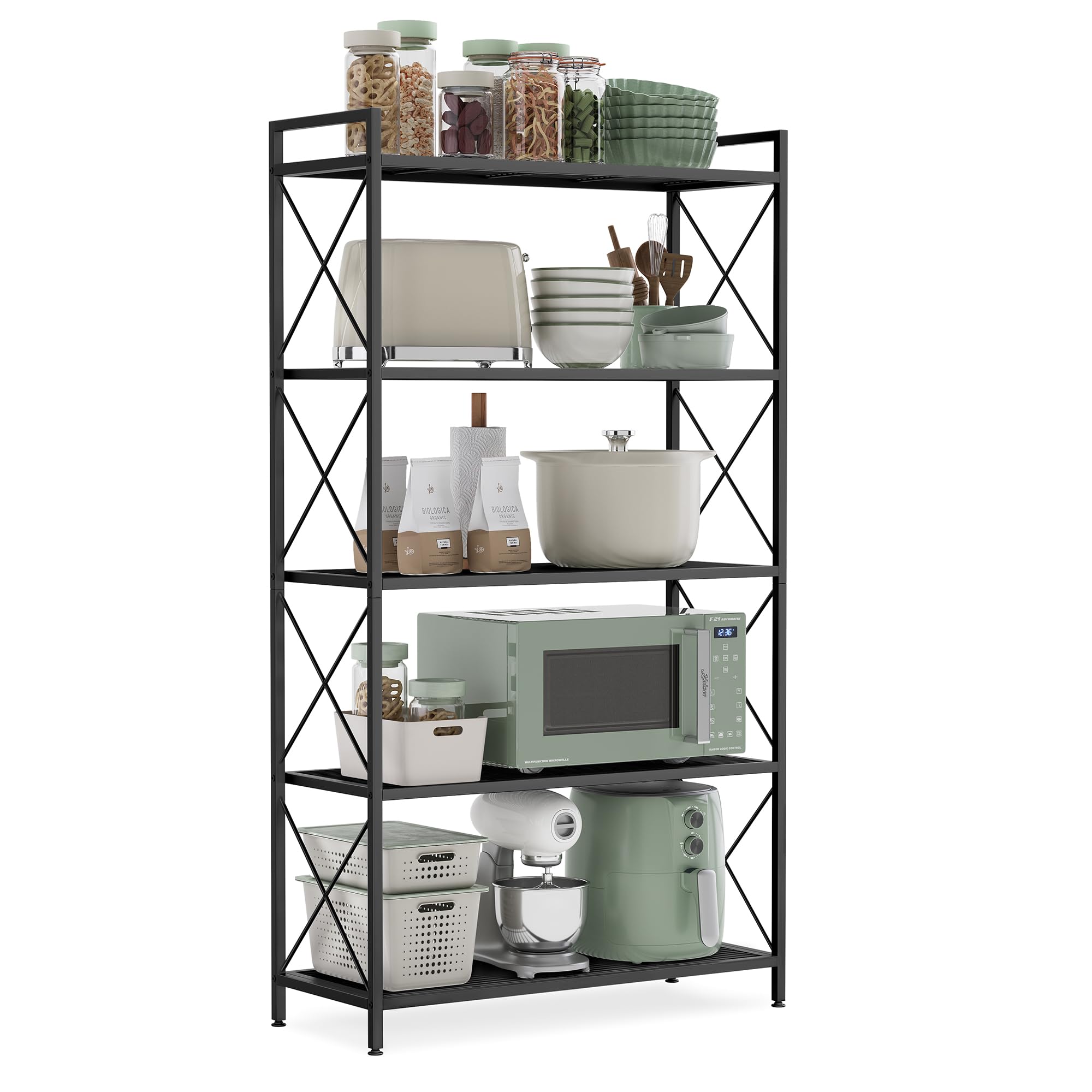 Songmics 5-Tier Metal Storage Rack, Shelving Unit With X Side Frames, Dense Mesh, 12.6 X 31.5 X 57.3 Inches, For Entryway, Kitchen, Living Room, Bathroom, Industrial Style, Ink Black Ubsc185B01